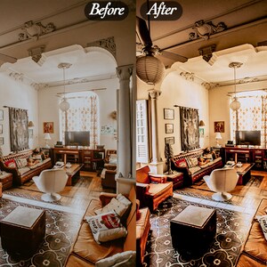 Op de afbeelding: Een interieurfoto van een woonkamer met vintage meubels. De kamer heeft een bank, fauteuils en een salontafel. De muren zijn geschilderd in een neutrale kleur en de kamer is versierd met kunstwerken en lampen. De tekst "Voor" en "Na" is zichtbaar.