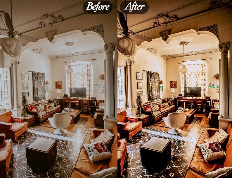 Op de afbeelding: Een interieurfoto van een woonkamer met vintage meubels. De kamer heeft een bank, fauteuils en een salontafel. De muren zijn geschilderd in een neutrale kleur en de kamer is versierd met kunstwerken en lampen. De tekst "Voor" en "Na" is zichtbaar.