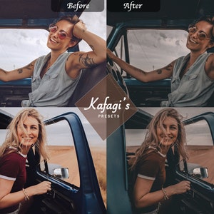 Peut inclure: Image comparant avant et apr&egrave;s la retouche photo. La partie sup&eacute;rieure montre une femme dans un camion bleu, la partie inf&eacute;rieure une femme en chemise rouge. Le texte "Kafagi's Presets" est affich&eacute; au centre.