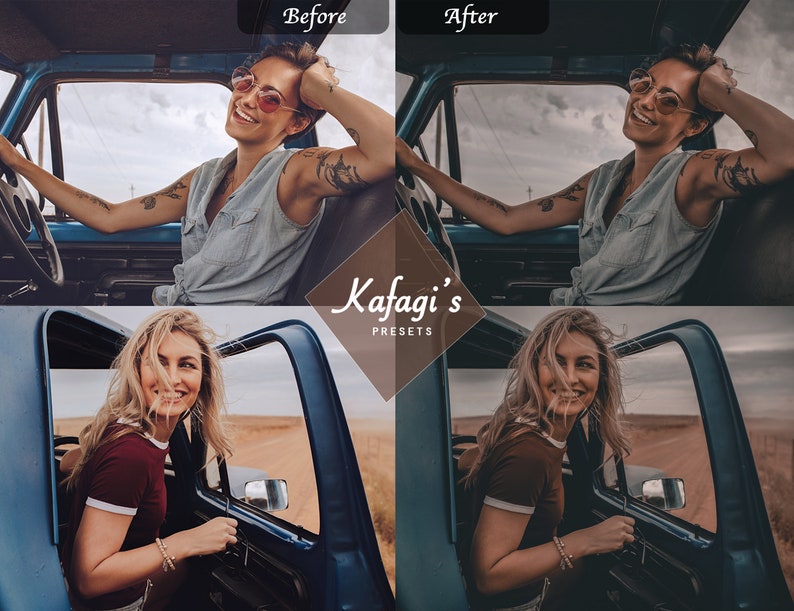 Peut inclure: Image comparant avant et apr&egrave;s la retouche photo. La partie sup&eacute;rieure montre une femme dans un camion bleu, la partie inf&eacute;rieure une femme en chemise rouge. Le texte "Kafagi's Presets" est affich&eacute; au centre.