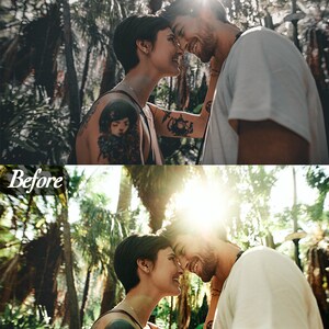 Peut inclure: Un couple souriant se touche le front dans une for&ecirc;t ensoleill&eacute;e. La femme a des tatouages sur le bras et l'&eacute;paule. L'homme porte un t-shirt blanc. Le texte "Apr&egrave;s" et "Avant" est visible.