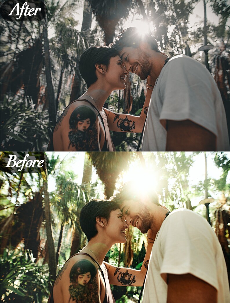 Peut inclure: Un couple souriant se touche le front dans une for&ecirc;t ensoleill&eacute;e. La femme a des tatouages sur le bras et l'&eacute;paule. L'homme porte un t-shirt blanc. Le texte "Apr&egrave;s" et "Avant" est visible.