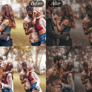 Peut inclure: Une image divis&eacute;e montre une comparaison avant/apr&egrave;s de retouche photo. Les images pr&eacute;sentent deux couples riant et s'embrassant en ext&eacute;rieur. Les images &laquo; Avant &raquo; ont des couleurs plus vives, tandis que les images &laquo; Apr&egrave;s &raquo; ont une tonalit&eacute; plus chaude et plus sourde.