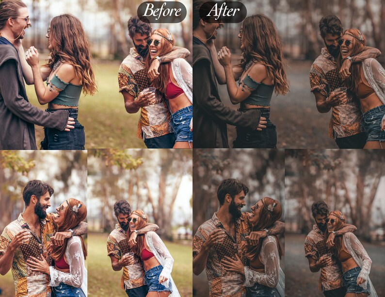 Peut inclure: Une image divis&eacute;e montre une comparaison avant/apr&egrave;s de retouche photo. Les images pr&eacute;sentent deux couples riant et s'embrassant en ext&eacute;rieur. Les images &laquo; Avant &raquo; ont des couleurs plus vives, tandis que les images &laquo; Apr&egrave;s &raquo; ont une tonalit&eacute; plus chaude et plus sourde.
