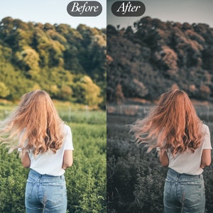 Peut inclure: Une femme aux longs cheveux roux se tient dans un champ d'herbe verte, v&ecirc;tue d'un t-shirt blanc et d'un jean bleu. L'image est divis&eacute;e, avec un effet "Avant" et "Apr&egrave;s", montrant une version couleur et d&eacute;satur&eacute;e de la m&ecirc;me sc&egrave;ne. L'arri&egrave;re-plan pr&eacute;sente une colline verdoyante.