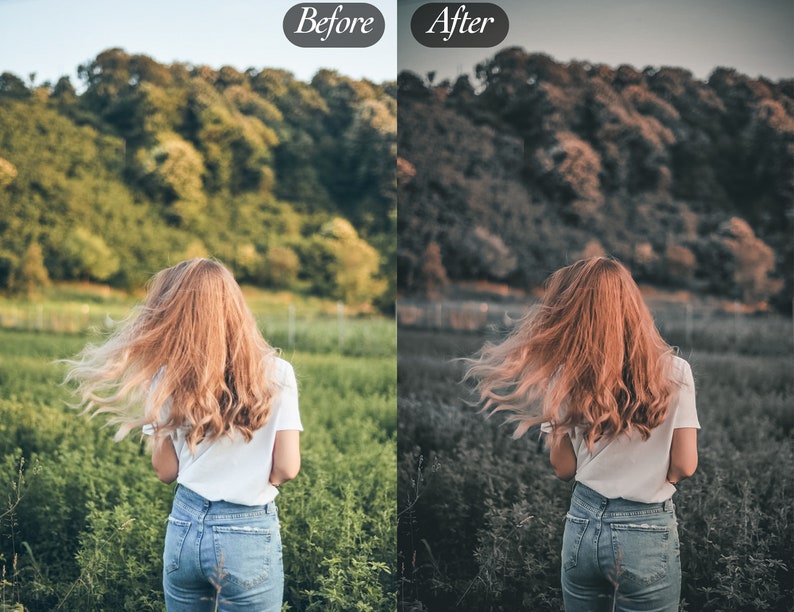 Peut inclure: Une femme aux longs cheveux roux se tient dans un champ d'herbe verte, v&ecirc;tue d'un t-shirt blanc et d'un jean bleu. L'image est divis&eacute;e, avec un effet "Avant" et "Apr&egrave;s", montrant une version couleur et d&eacute;satur&eacute;e de la m&ecirc;me sc&egrave;ne. L'arri&egrave;re-plan pr&eacute;sente une colline verdoyante.