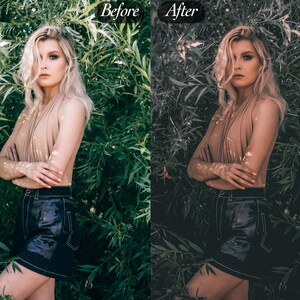 Peut inclure: Une femme blonde pose devant un feuillage vert luxuriant. Elle porte un haut beige et une jupe noire avec des coutures blanches. L'image pr&eacute;sente un effet &laquo; Avant &raquo; et &laquo; Apr&egrave;s &raquo;, montrant un ajustement des couleurs.
