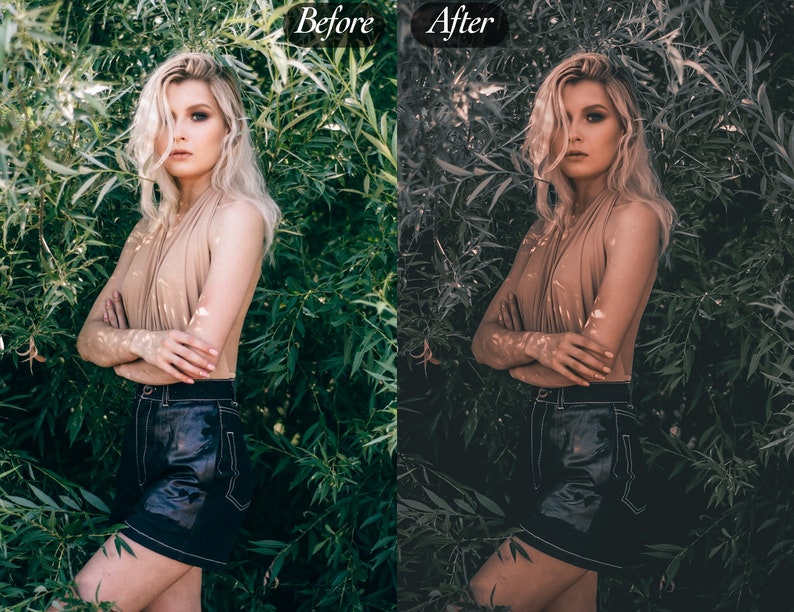Peut inclure: Une femme blonde pose devant un feuillage vert luxuriant. Elle porte un haut beige et une jupe noire avec des coutures blanches. L'image pr&eacute;sente un effet &laquo; Avant &raquo; et &laquo; Apr&egrave;s &raquo;, montrant un ajustement des couleurs.