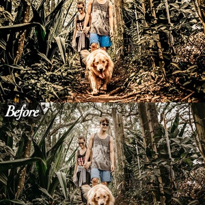 Op de afbeelding: Een stel en een golden retriever lopen over een bospad. De man draagt een grijze tanktop en een blauwe korte broek, terwijl de vrouw een zwarte tanktop draagt. De hond loopt voorop, met zijn tong uit. De afbeelding is gelabeld met "Na" en "Voor".