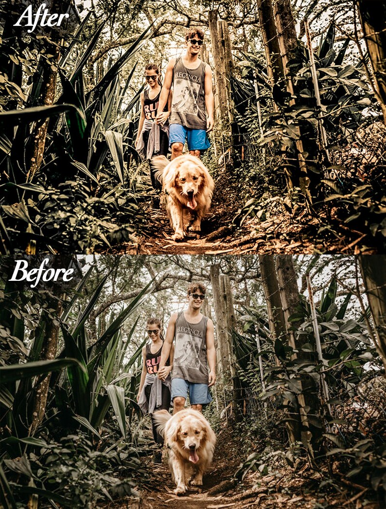 Op de afbeelding: Een stel en een golden retriever lopen over een bospad. De man draagt een grijze tanktop en een blauwe korte broek, terwijl de vrouw een zwarte tanktop draagt. De hond loopt voorop, met zijn tong uit. De afbeelding is gelabeld met "Na" en "Voor".