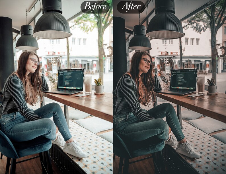 Peut inclure: Une personne portant des lunettes et un haut ray&eacute; est assise &agrave; une table en bois dans un caf&eacute;. Un ordinateur portable est ouvert sur la table, avec une boisson et une petite plante. Le caf&eacute; a de grandes fen&ecirc;tres et des lampes suspendues.