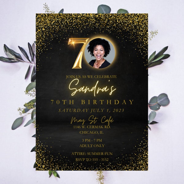 70th Birthday Invitation, Black and Gold Birthday invitation, Digital Invitation, Printable Birthday Invitation