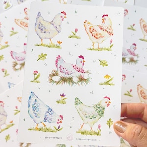 Feuille d'autocollants, poules, Sticker sheet, hens.