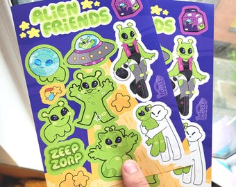 Alien Sticker Sheet, UFO & Space Stickers, Kawaii Alien Vinyl Decals, Alien Lover Gift
