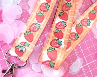 Lanyard met aardbeienwafel! - Leuke kaarthouder, kawaii briefpapier, houder voor evenementenpas