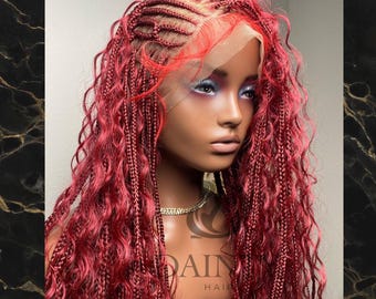 Peluca versátil de encaje completo con diseño reversible, estilo boho Fulani, sin nudos. Pelucas de trenzas boho en tonos vino para mujeres de color. Lista para enviar.