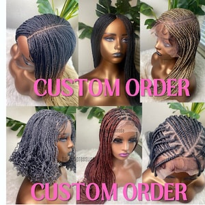 May include: Six different braided wigs on mannequin heads. The wigs are in various colors, including black, blonde, brown, and red. The wigs are all styled in a similar way, with the braids being pulled back from the face and tied at the back of the head. The text "CUSTOM ORDER" is written in pink letters across the bottom of the image.