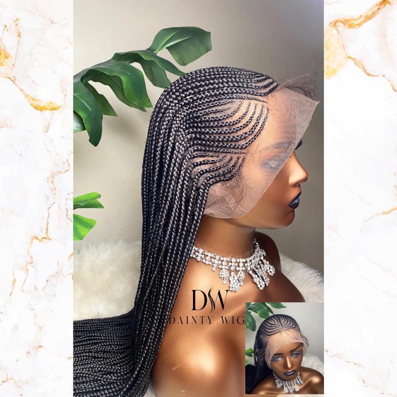 May include: A black braided wig with a lace front is displayed on a mannequin head. The wig features intricate braiding patterns and long, flowing braids. The mannequin is wearing a sparkling necklace. The image includes a smaller inset image of the wig.