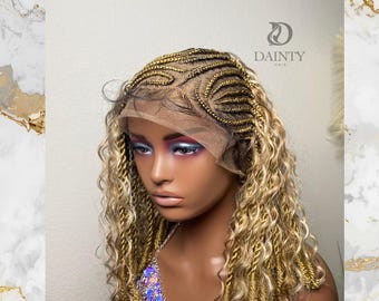 assymetric full lace Fulani boho braided wig - color blonde mix - Ready to Ship- 12 inches
