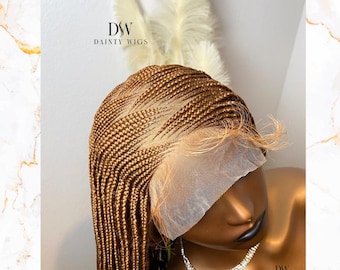 PREVENTA Peluca Fulani trenzada de encaje completo con raíces marrones - peluca de trenzas africanas en zigzag para mujer negra, lista para enviar