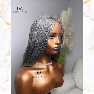 Puede incluir: Peluca trenzada plateada y gris sobre una cabeza de maniquí. La peluca tiene trenzas largas y fluidas y una línea de cabello de aspecto natural. El maniquí lleva un collar plateado. El texto "DW Dainty Wigs" es visible.