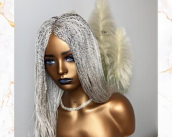PRE ORDER silver grey bob micro twist FEATHERS braids wig Salt and Pepper wig for black women. Ready to ship