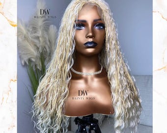 Peluca trenzada bohemia rubia de encaje completo, lista para enviar, sin nudos. Peluca trenzada para mujeres negras. Pelucas trenzadas hechas a mano.
