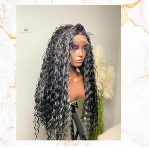 May include: A long, curly wig with a mix of black and gray strands. The wig is styled on a mannequin head, showcasing its texture and length. The wig's lace front is visible, and the brand logo "DW DAISY WIGS" is in the top left corner.