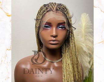 Peluca con trenzas fulani con diseño de trenzas de encaje completo para mujeres negras. Peluca trenzada ligera de mezcla sintética. Color caramelo.