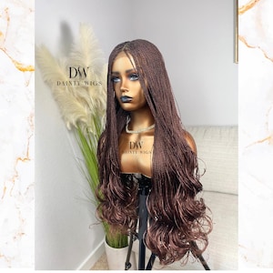 BROWN French curl twists wig - grey mix micro twists wig with curly ends - Tangle free French curl wig - chocolate braided wig