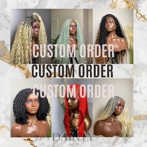 May include: A collage of six wigs on mannequin heads, each with a different style and color. The wigs include blonde, green, black, red, and blonde with black. The text "CUSTOM ORDER" is overlaid on the image.