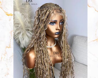 Ready to Ship full lace Flip over Fulani boho knotless wig - Blonde mix Fulani boho braids wigs for women of color - 26 inches