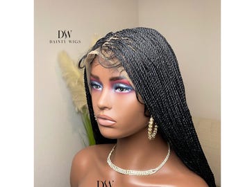 PREVENTA Peluca de trenzas senegalesas micro con raya central profunda - Peluca de trenzas senegalesas negras sin pegamento - Largo hasta la cintura - Lista para enviar