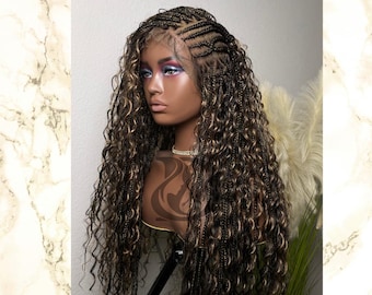 Peluca versátil de encaje completo con diseño reversible, estilo boho Fulani, sin nudos, con trenzas boho doradas para mujeres de color. Lista para enviar.