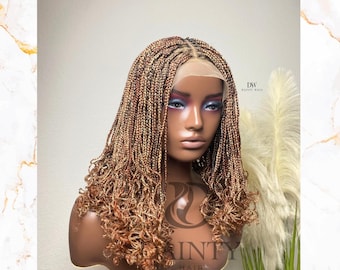 Peluca con trenzas rubias mixtas y puntas rizadas. Peluca trenzada para mujeres negras, color 613/30. Peluca bob trenzada.