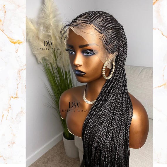 Full Lace Cornrow Design Fulani Braid Wig for black women - Synthetic blend lightweight braided wig. color 1B