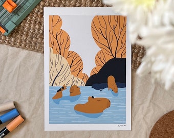May include: A digital illustration of four capybaras swimming in a blue pond. The capybaras are brown and have white markings. The background is a stylized forest with orange, yellow, and brown trees. The text "Sygna de Rio" is in the bottom right corner.