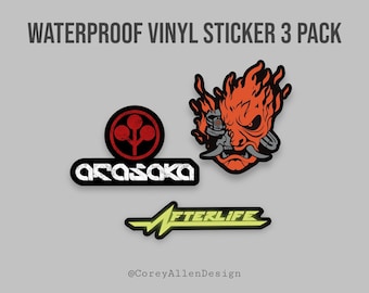 Cyberpunk 2077 3 Pack Waterproof Vinyl Stickers | Afterlife Sticker | Samurai Sticker | Arasaka Sticker | Cyberpunk 2077 Sticker