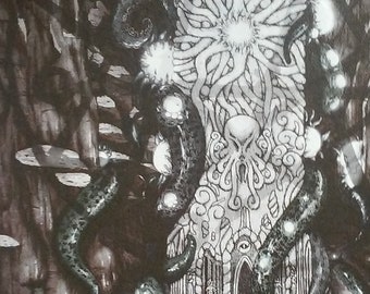 Lovecraftian Monolith 11x14 inch colored PRINT, cthulhu, dagon, yogsothoth, the elder ones, the outer gods