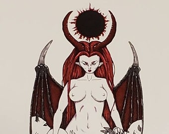 Demon Woman 8.5 x 11 inch, succubus, macabre illustration, monster woman, Lilith, eclipse, vampire, vampiress, witch, demons, demoness