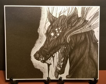 Black Hell Hound 14x11 inch black and white PRINT, demon dog, two mouthed monster, smoking festering creature