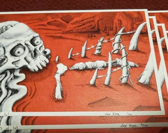 Desert skeleton 8.5 x 5.5 print, full color, skull, futuristic metropolis