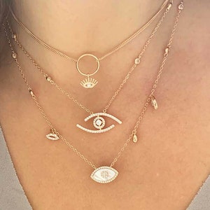 Two Line Eye Necklace, Gold Charm Necklace, Evil Eye Pendant Necklace, Protection Necklace. CZ Eye Layering Necklace, Demi-fine Jewelry