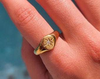 Minimal north star ring, Size 7 US, Star signet ring, Layering gold ring, Celestial gold ring, 18K gold plated ring, Waterproof Jewelry