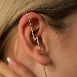 Lightning rose gold CZ ear pin, Edgy pin hook ear cuff, Modern cane ear climber, Ear bar earrings, Silver cane earrings, Demi-fine Jewelry