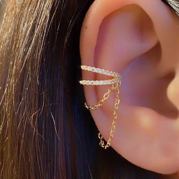 Modern gold CZ layered ear cuff, Dangling chain ear cuff, Non pierced Ear Cuff, Rose gold CZ chain cuff jewelry, Demi-fine jewelry