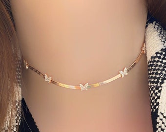 Butterfly CZ herringbone necklace, Layering herringbone choker, Butterfly necklace, Rose gold herringbone necklace, Dainty butterfly jewelry