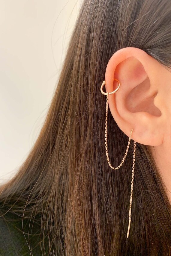 Gold Earring With Chain Cuff Nonpierced Ear Cuff Handmade Etsy