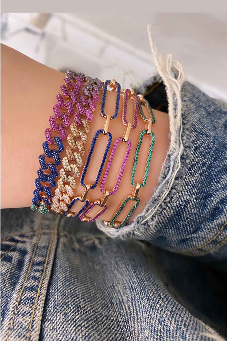925 Sterling Silver Jewelry Silver chain link CZ jewelry Rose gold colorful bracelet Gold chain bracelet Multicolor chain link bracelet