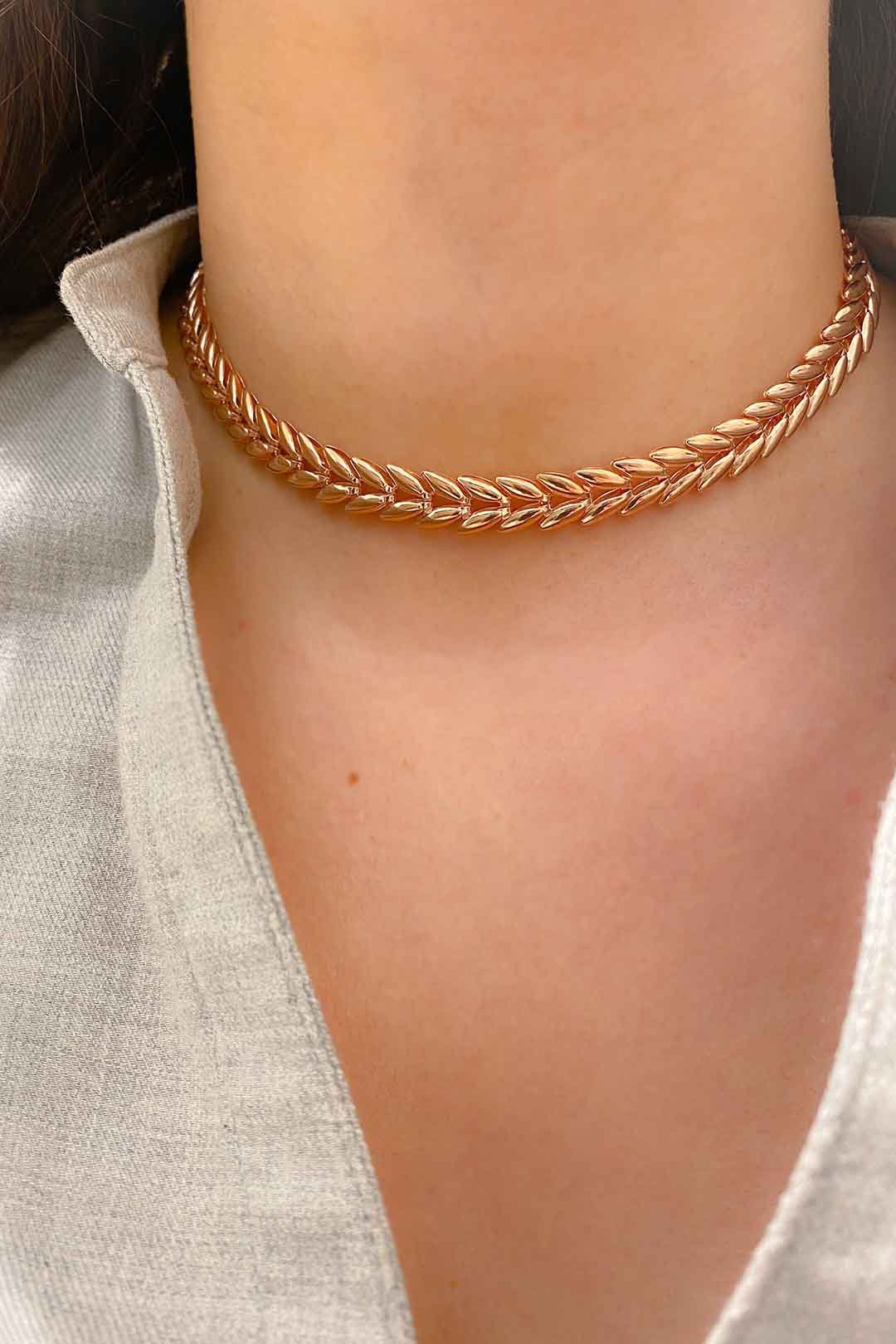 Leaf Chain Necklace, Rose Gold Chevron Necklace, Sterling Silver Leaf